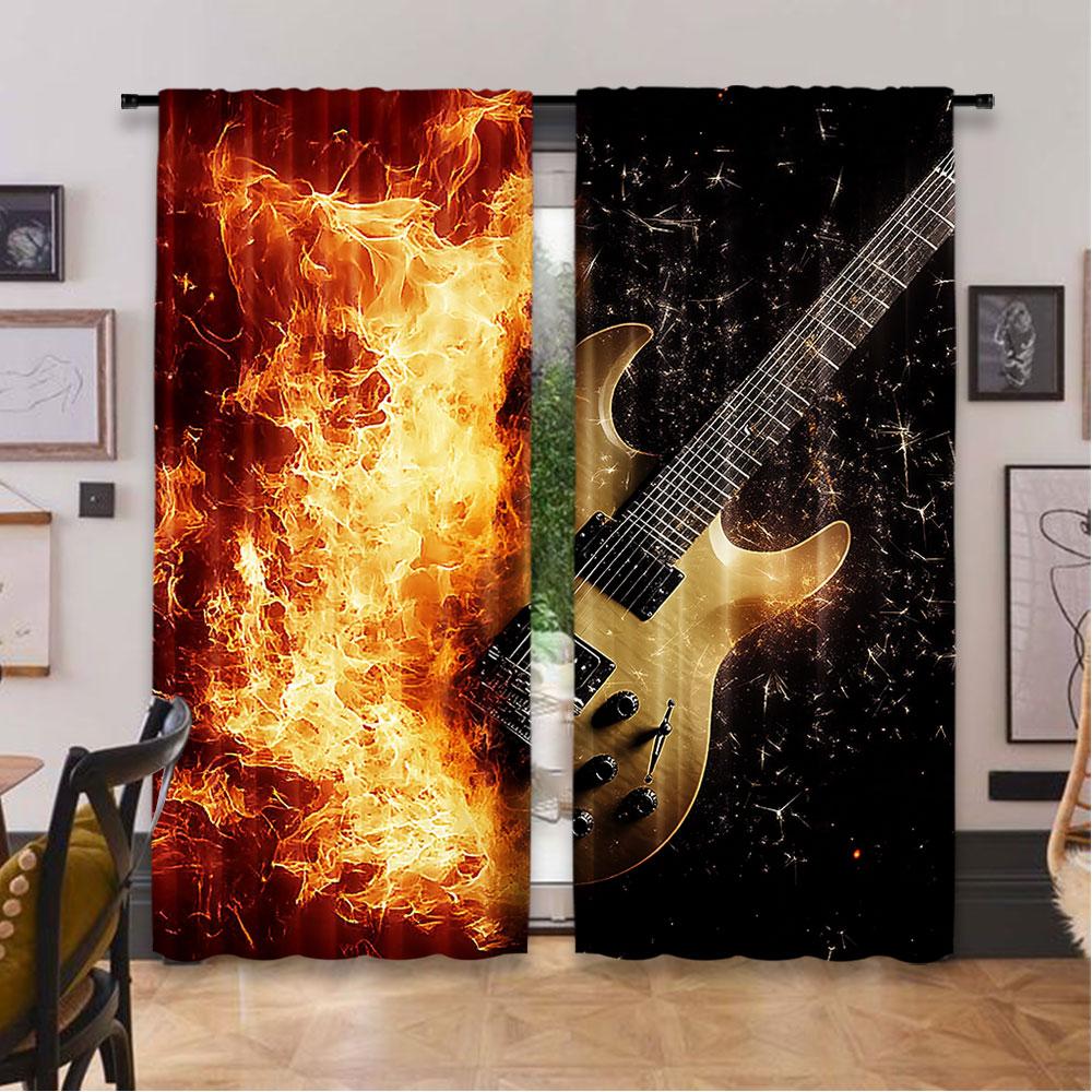 2Pcs Guitar Curtains Rock Music Hip Hop Hippie Flame Guitar Suitable For Bedroom Living Room Dining Room And Bathroom