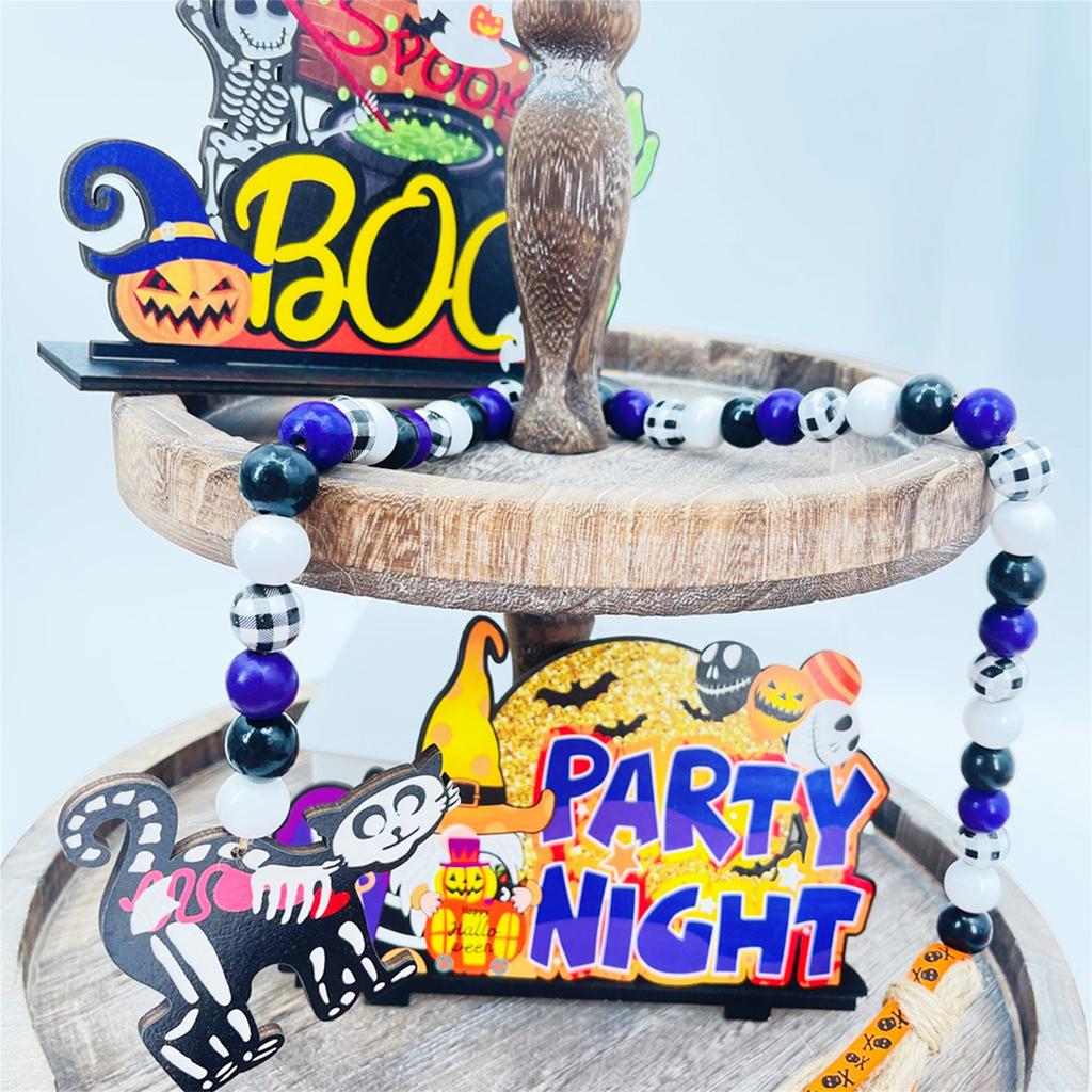 Halloween Tiered Tray Decoration Wooden Beaded Garland String with Tassel and Ghost Pumpkin Photography Props