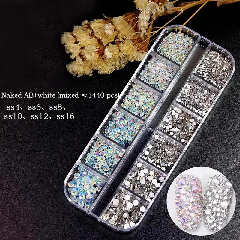 750 Stück Nagelkunst-Dekorationen, AB-Kristall-Nagel-Strasssteine in mehreren Größen, flache Unterseite, kristallklare Diamant-Edelsteine, DIY-Nägel, Glitzer