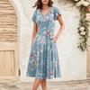 Women's Summer Fashion V-Neck Ruffle Sleeve Retro Elegant Midi Dress