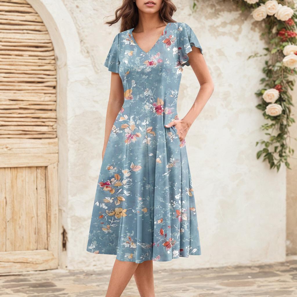Women's Summer Fashion V-Neck Ruffle Sleeve Retro Elegant Midi Dress