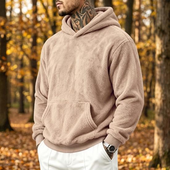 Codzienna Casualowa Streetwear Męska Pluszowa Bluza z Kapturem, Polarowy Pulower Teddy z Kieszenią Kangurką, Luźny Top z Kieszenią, Miękki Ciepły Zimowy Sweter