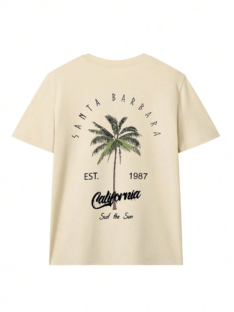 Womens Summer Casual Round Neck Palm Tree  Letter Print Vacation Style Short Sleeve TShirt Top