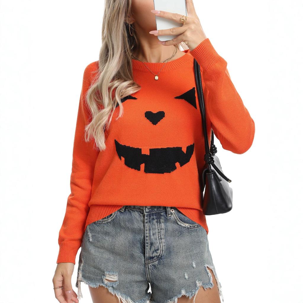 Europe, America, Autumn and Winter New Women's Sweater Casual Smiley Face Long Sleeve Round Neck Pullover Knitted Top Women