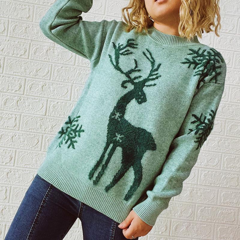 Autumn and Winter Round Neck Long Sleeved Christmas Sweater New Year Snowflake Deer Jacquard Knitted Pullover 3572