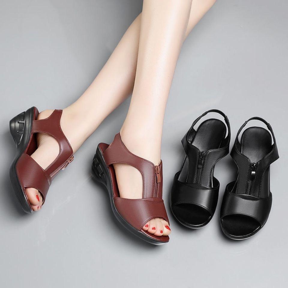 Women's Sandals Soft Leather Wedge Flat Shoes 2025 Summer New Fish Mouth Slope Heel Sandals Comfortable Soft Bottom Shoes