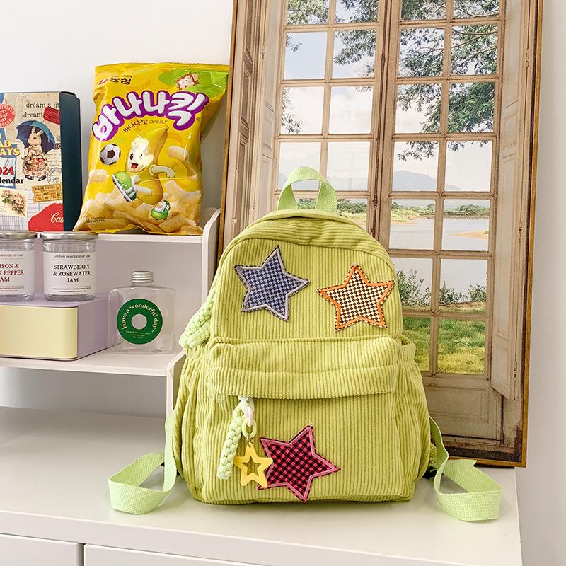 Corduroy Backpack Women'S Style Solid Color Versatile Star Schoolbag Female Middle School Student Small Backpack