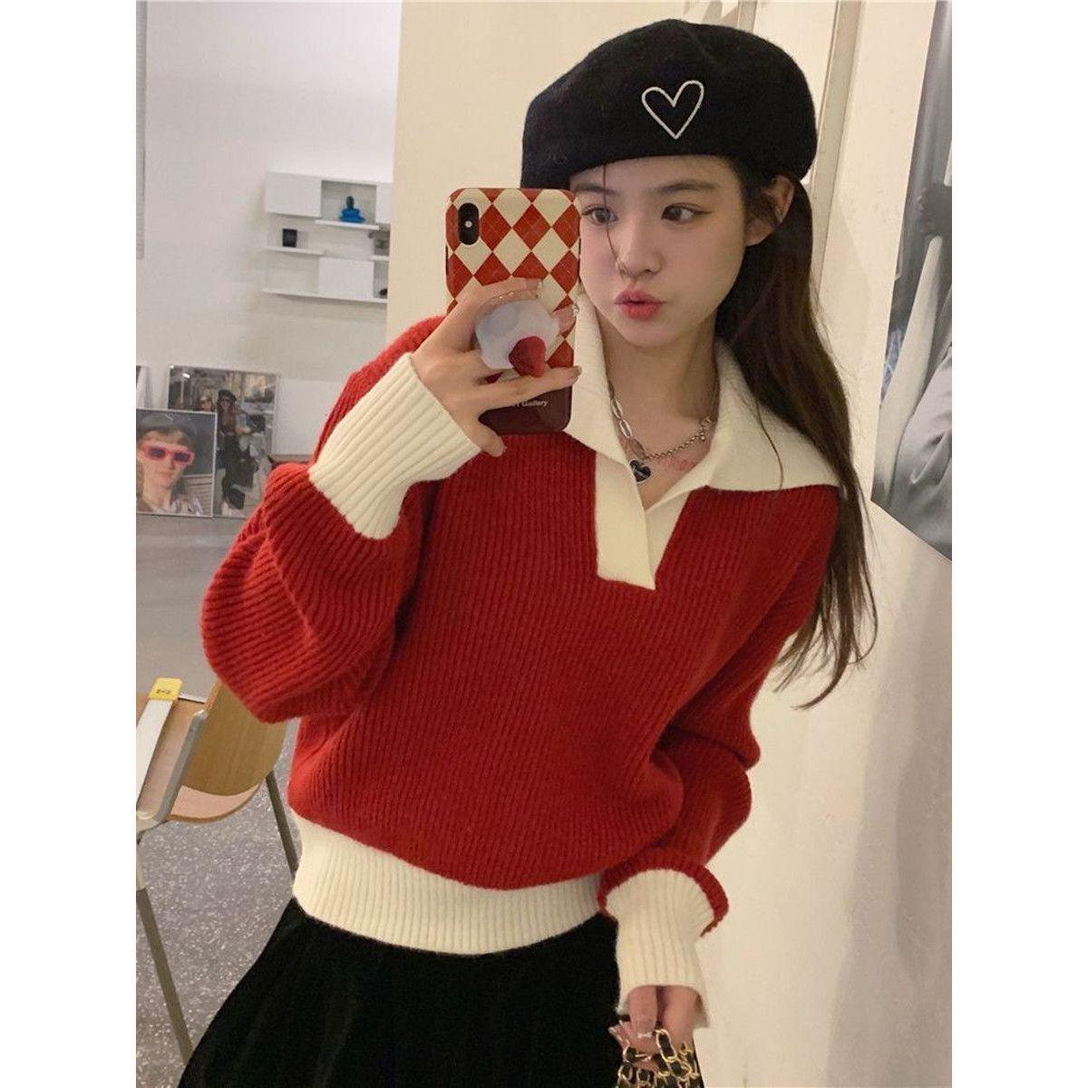 

Color Block Slimming Polo Knit Sweater - Autumn/Winter Niche Design One Size