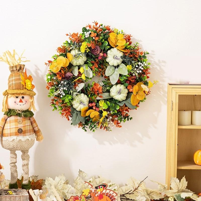 Harvest Festivals Faux Pumpkin Wreath Elegant Fall Flower Wreath Artificial Flower Decoration for Wall or Window
