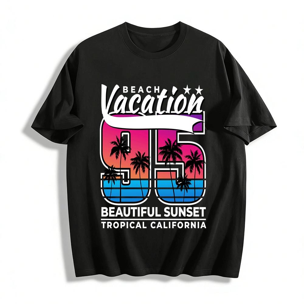 Retro 95 Vacation Style Coconut Tree Print Casual T-Shirt Pure cotton T-shirt XXS