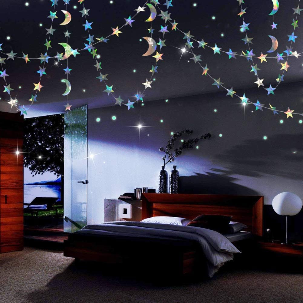 Cheerland Moon Star Garlands Iridescent Party Decoraions Hanging Moon Birthday Decoration Celestial Streamers Holographic Star Moon Decorations Alien
