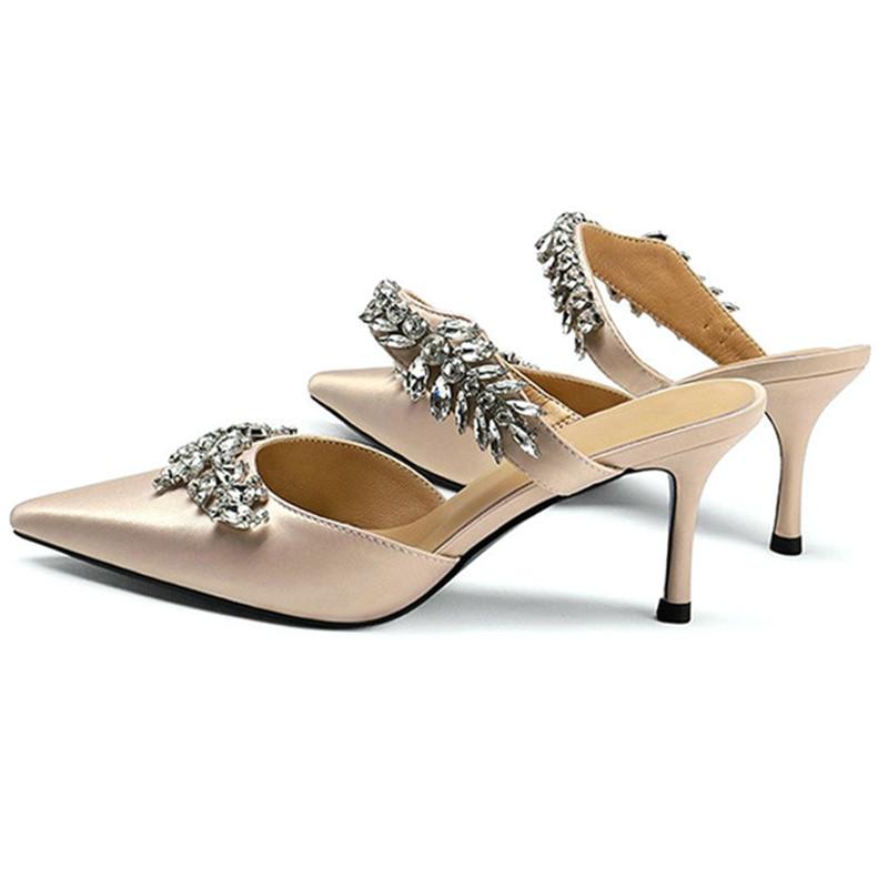 Fashion Beautiful Word With Wheat-Ear Rhinestones Pointed Sandals Silk Satin Covered Head High Heels Half Slipper Woman