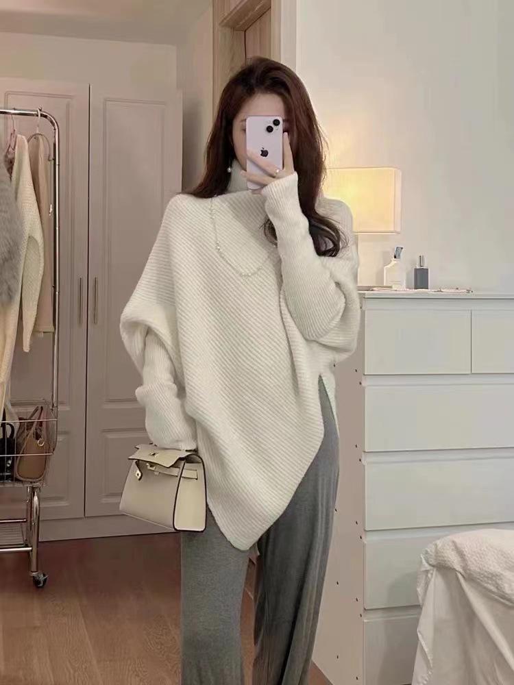 Women's Pure Wool Thickened Turtleneck Sweater, Irregular Loose Knit, Cozy Autumn/Winter Style