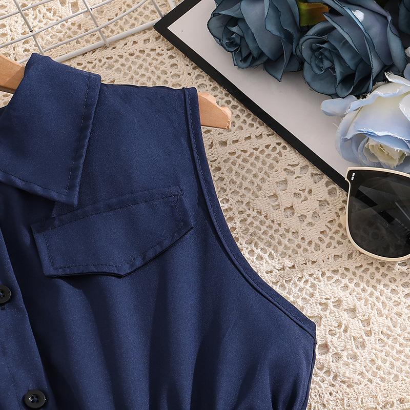 Girls' Clothing European And American Style New Spring-Summer Collection Elegant Sleeveless Dress With Tie Waist And Pleated Design For Older