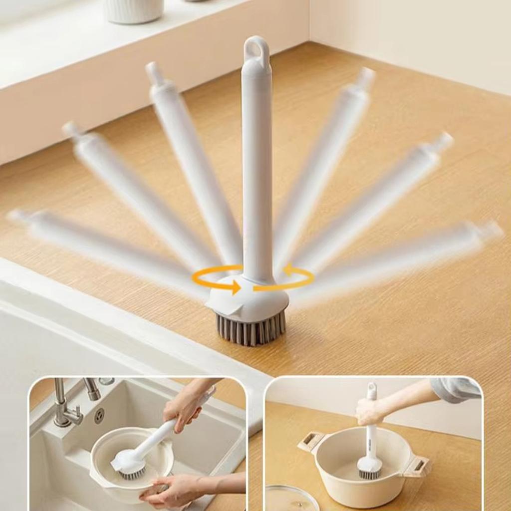 2 in 1 Rotating Kitchen Pot Brush with Scraper Long Handle Cleaning Brush for Household Dishwashing Non-Scratch Surface Cleaning Tool