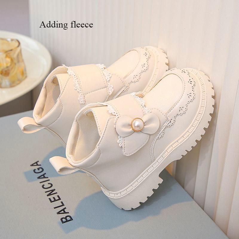 Children's Fashionable Ankle Boots for Autumn and Winter, Sweet Fleece Soft-soled Leather Boots for Girls