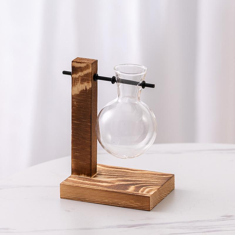 Innovative Hanging Wooden Frame Glass Hydroponic Vase Green Ivy Glass Vase Flower Container Desktop Decoration Ornament