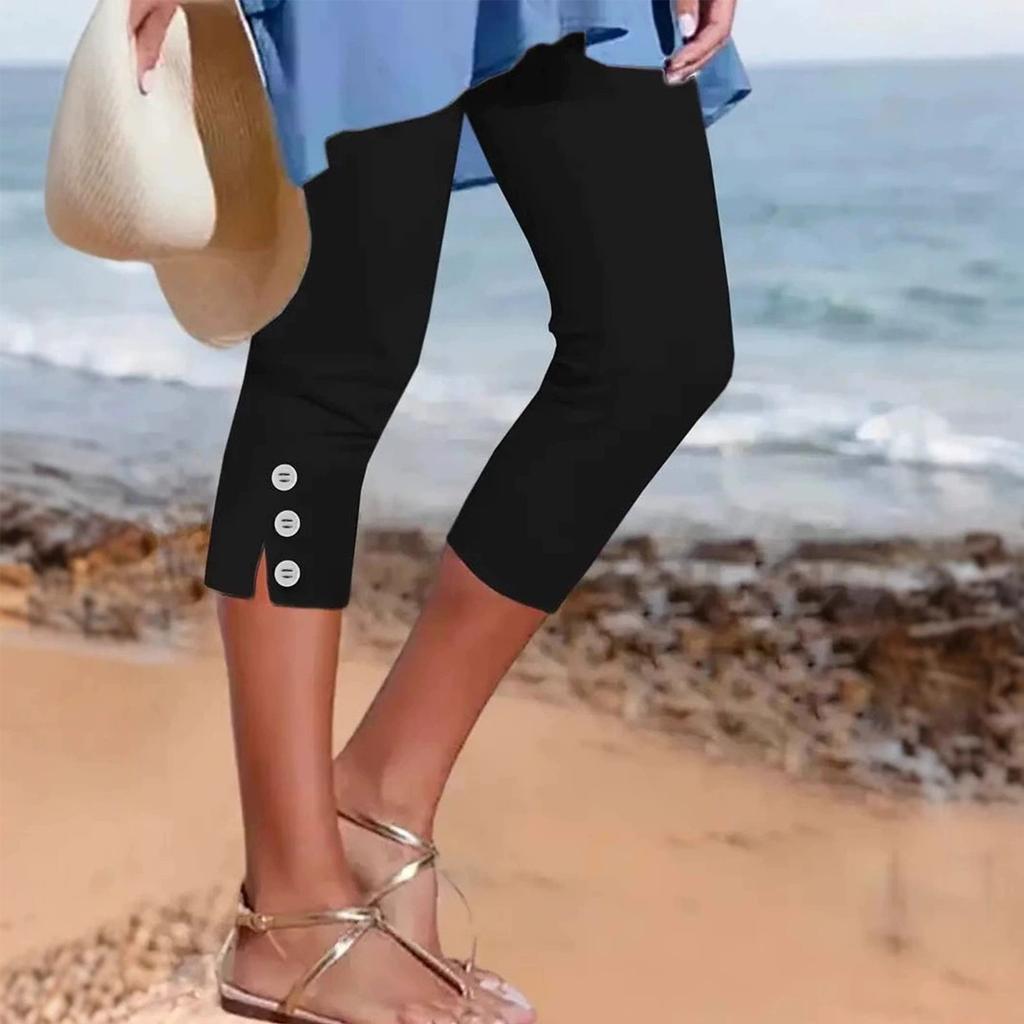 Women's Mid-waist Elastic Solid Color Cropped Pants Tight Fitting Fashionable Sexy Button Casual Pants For Women