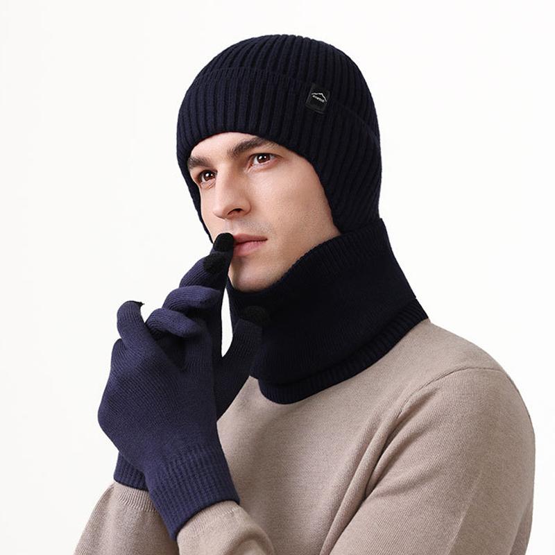 Autumn Winter Warm Suit Men's Velvet Thick Ear Protection Knitted Hat Scarf Gloves Three-Piece Hat Set