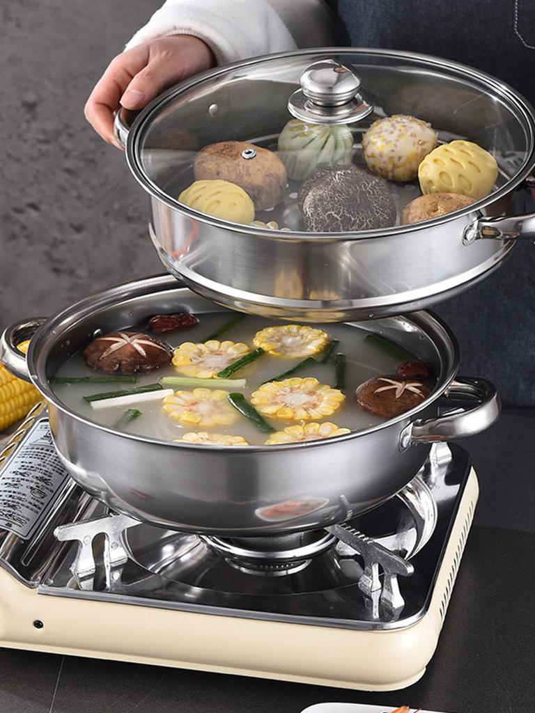 Stainless Steel Double-layer Steaming Pot, Soup Steaming Dual-purpose Pot with Steaming Basket, Thickened 28CM Steaming Pot