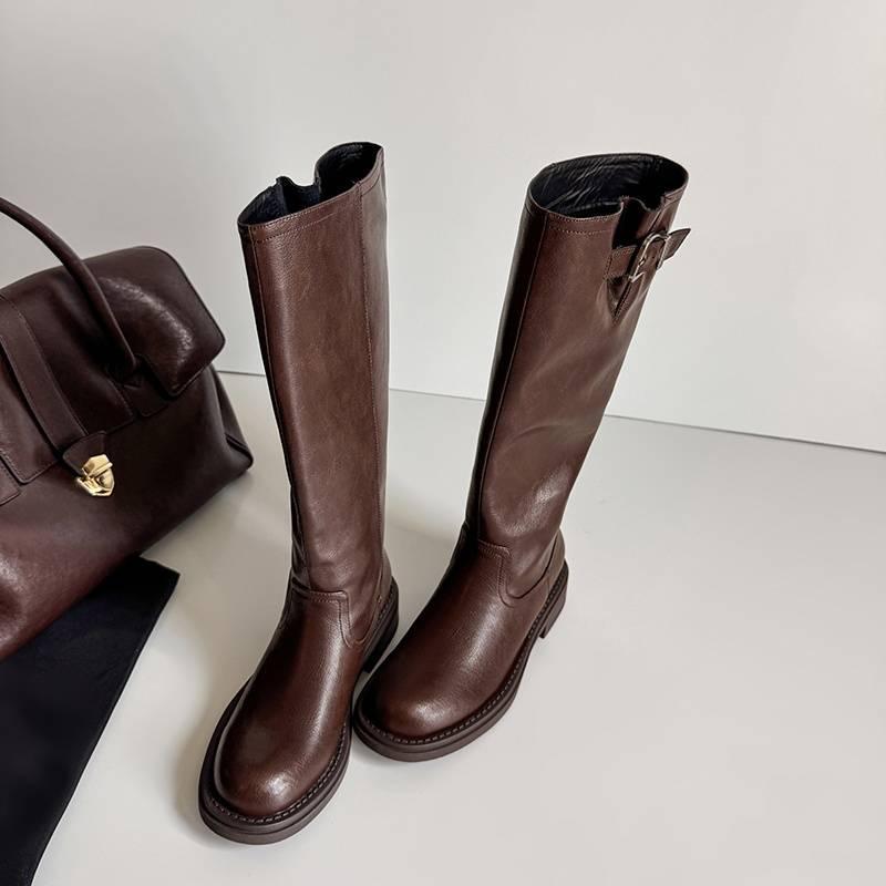 Autumn and winter women's leather boots leather large size women's boots middle heel sleeve cowhide versatile high boots new Martin boots women