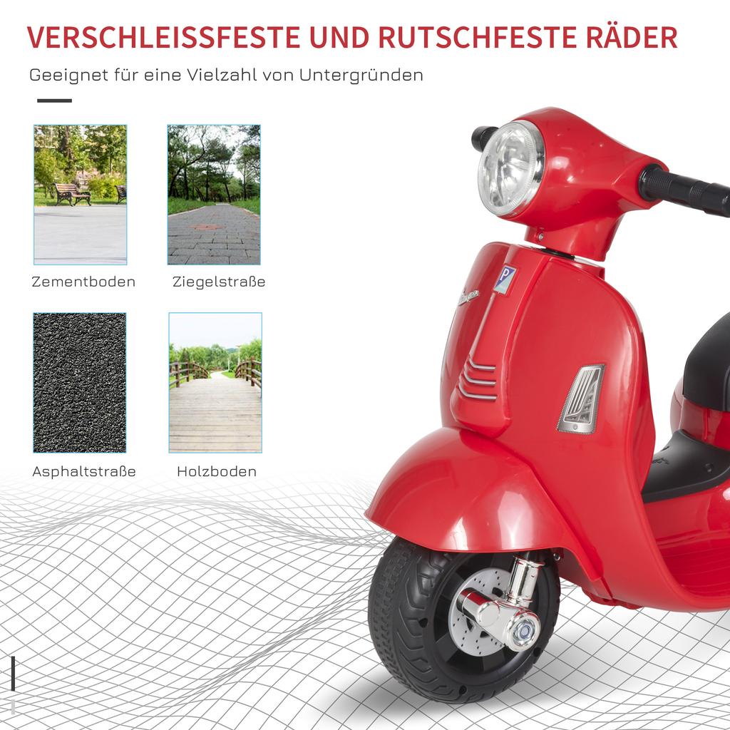 Motocicletta Elettrica per Bambini Vespa Moto Elettrica con Luce LED, Suono, Moto Elettrica per Bambini da 18-36 Mesi, Rossa