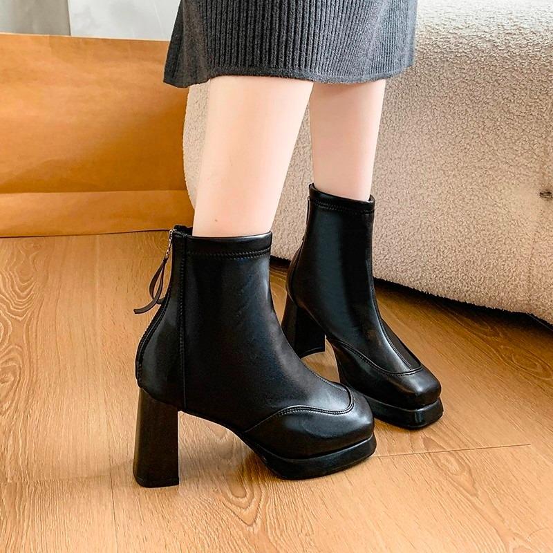 

Fashion Cotton Lined Heels Autumn New Round Toe Spliced Rear Zipper Platform Non-Slip Shorthole Boots 35 чёрный
