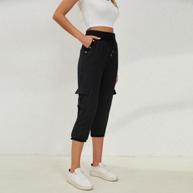 Women's Casual Cotton Linen Yoga Jogger Pants 3/4 Loose Solid With Pockets And Elastic Waist