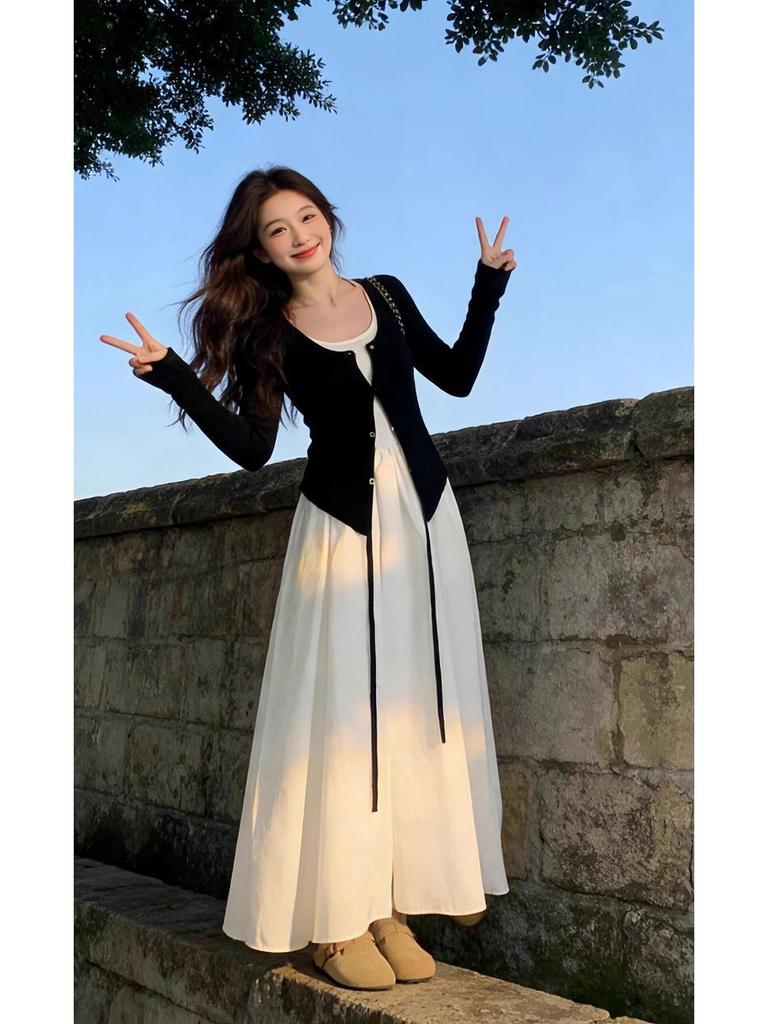 Spring 2026 OOTD: Two-Piece Set with Irregular Long Skirt, Cardigan, and White Camisole Dress