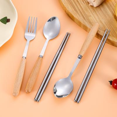 Trzyczęściowy zestaw sztućców ze stali nierdzewnej, drewniana rączka, łyżka, widelec, pałeczki, studencki przenośny zestaw sztućców do użytku na zewnątrz