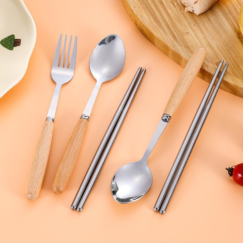 Stainless steel tableware three-piece set, wooden handle, spoon, fork, chopsticks, student outdoor portable tableware set