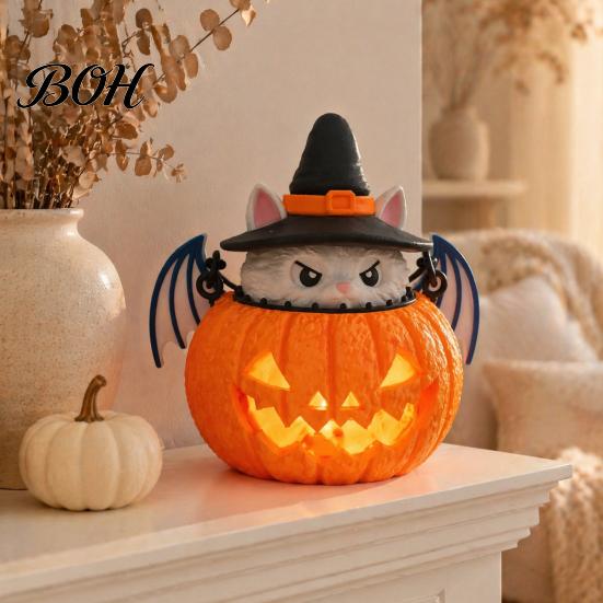 Waterproof Garden Light Halloween Cat Pumpkin Lantern, 3D Printed Glowing Figurine Lantern with Witch Hat, Spooky Tabletop Ornament, Festive
