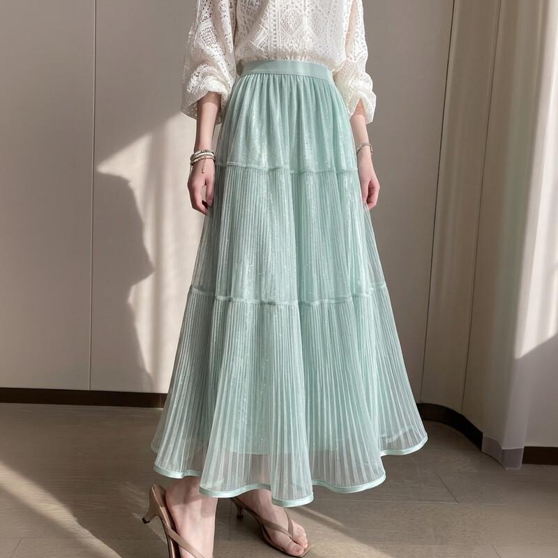 Demana Sequin Mesh Pleated A-Line Skirt M