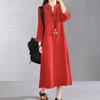 Cotton and Linen Women's Autumn and Winter Pullover V-neck Loose Embroidery Ethnic Style Long Sleeved Linen Medium Length Dress