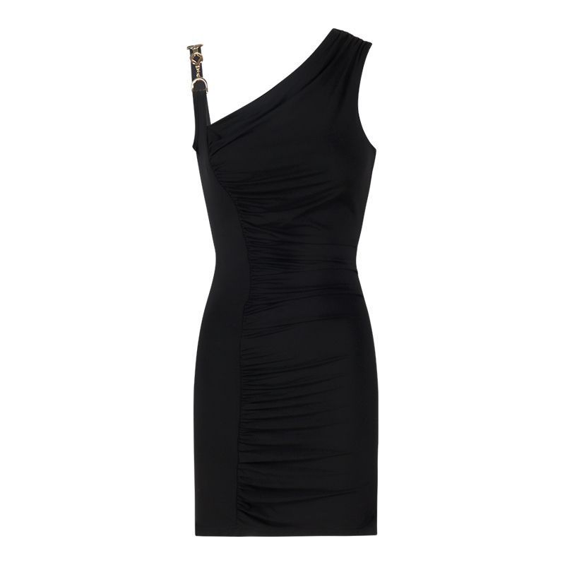 French black asymmetrical shoulder dress for women, summer pure and alluring style, sophisticated and elegant, slimming slimming, hip-hugging short s
