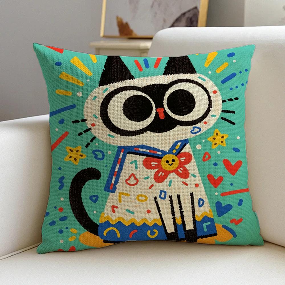 1P-Spring Day Cats Cushion Cover Cushion Cover Pillowcase, Anti-Mite Invisible Zipper, Linen Sofa Cushion