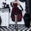 Women Cosplay Dress Dark Style Halloween Party Costume Lace Patchwork Irregular Hem Sleeveless Tight Waist Ruffles Adjustable Waistline Straps