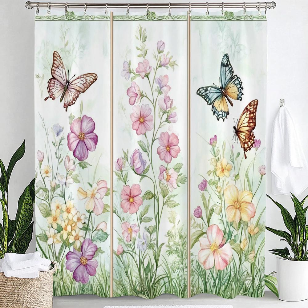 

Colorful Butterflies And Flowers Screen Pattern Shower Curtain, Bathroom Decorative Shower Curtain, Home Curtain With Hooks W60H190(CM)-1 Pcs