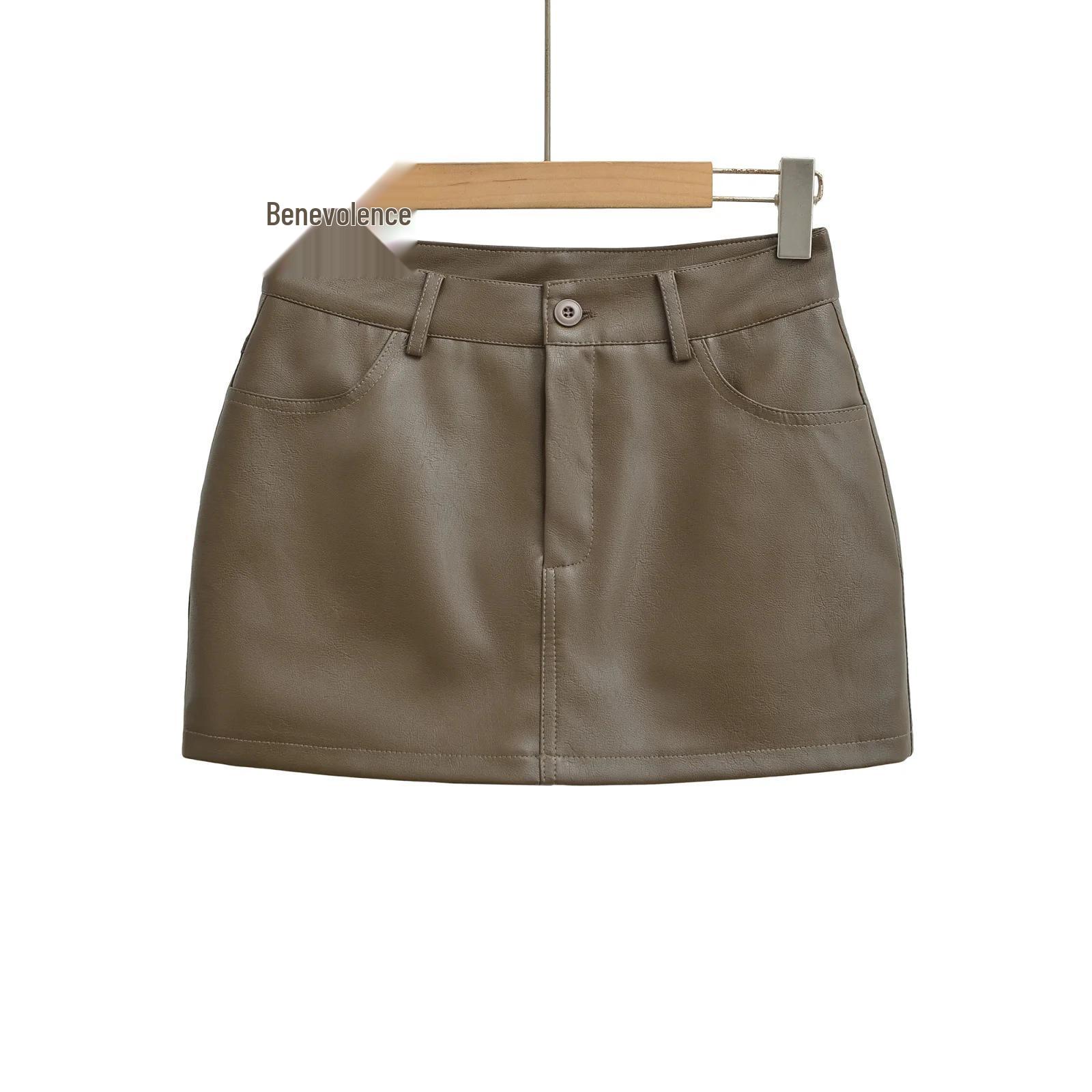 Women s High-Waist Black PU Leather Mini Skirt - Slim Fit, Sexy Hip-Hugging, Super Popular for Autumn 2025 Small хаки