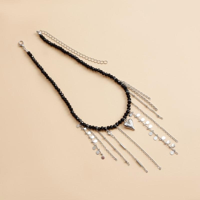 Creative Goth Moon Heart Tassel Pendant Choker Necklace Women Love Charm Necklace Collares Vintage Clavicle Chain Jewelry