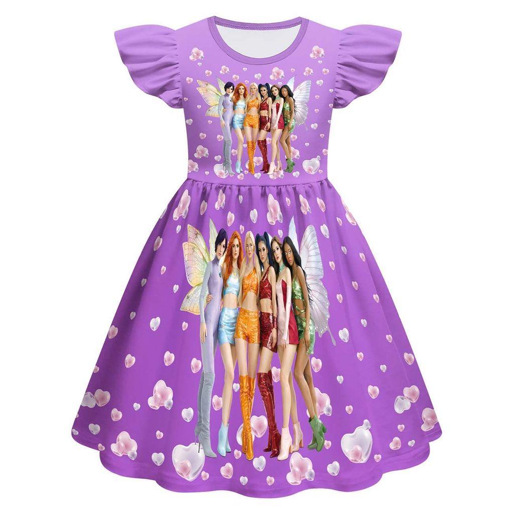 82983 Kids Girls KATSEYE Printed Ruffle Sleeves Summer Dress 100cm фиолетовый