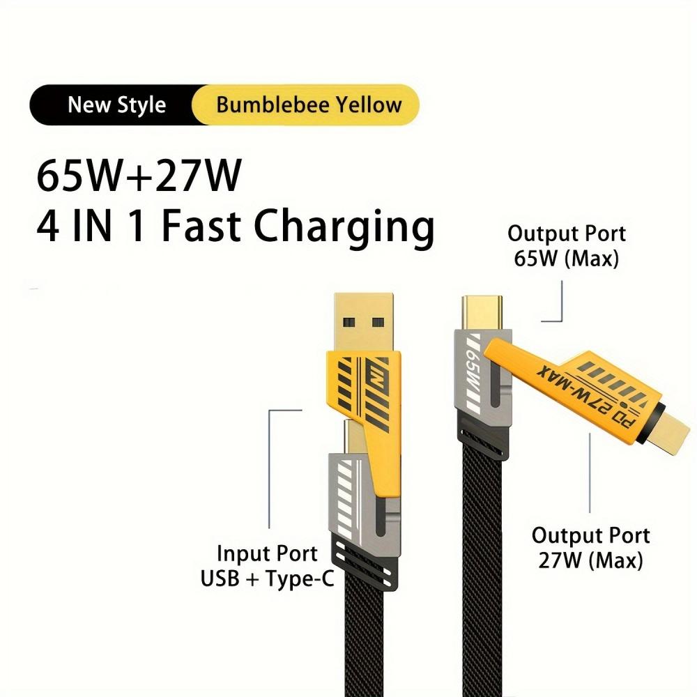 65W 4 in 1 Multi Port Fast Charging Cable USB Type C Quick Charge Data Cord For iPhone Samsung Huawei Xiaomi Phone Charger Cable