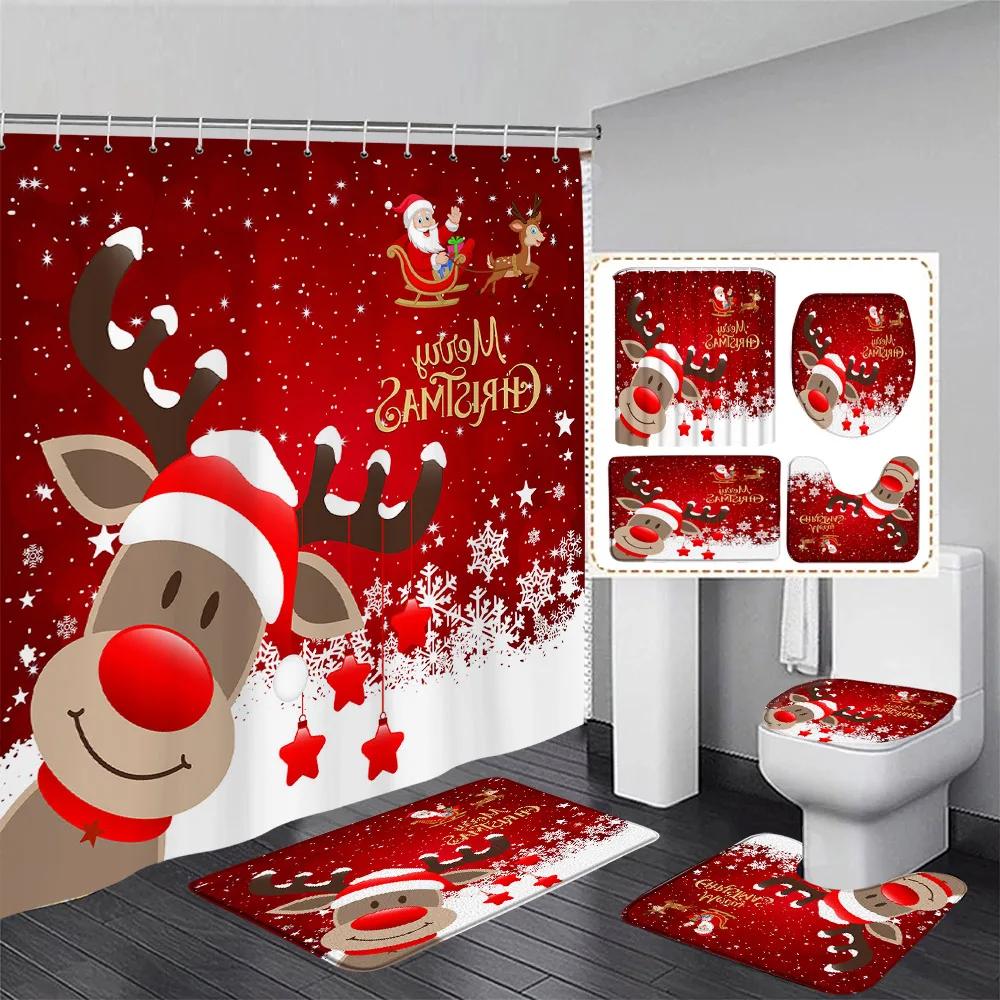 Red Christmas Shower Curtain Set Funny Santa Claus Gift Green Pine Branches Xmas Balls Home Bathroom Decor Bath Mat Toilet Cover