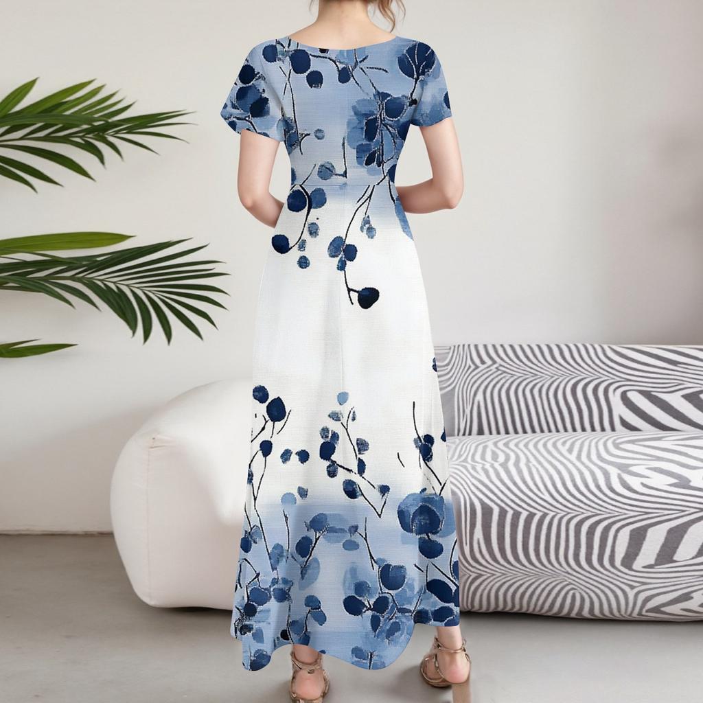 Women's Casual Fashion Print Long Dresses V-Neck Short Sleeve Dresses