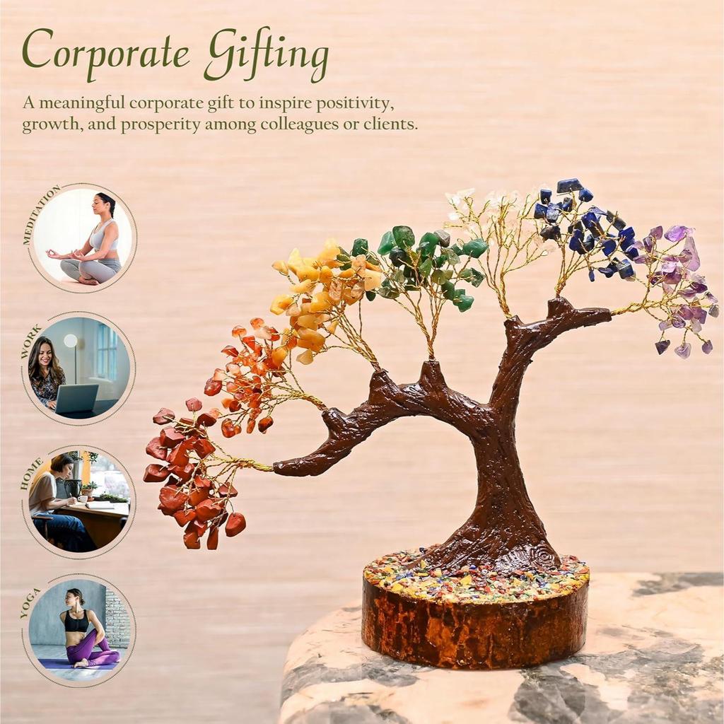Seven Chakra Crystal Tree – Handmade Feng Shui Bonsai Tree with Natural Gemstones on Wooden Base – Decorative