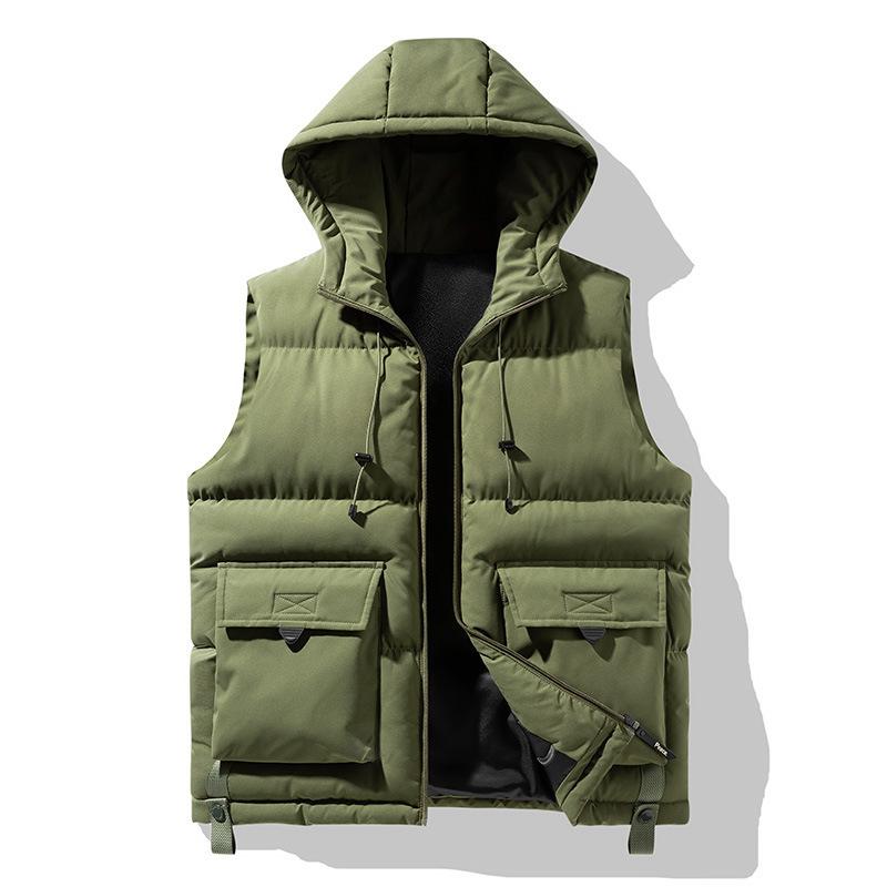 Men's Winter Trend Wear Loose Thick Down Cotton Clip Multi-pocket Solid Color Casual Hooded Vest Coat