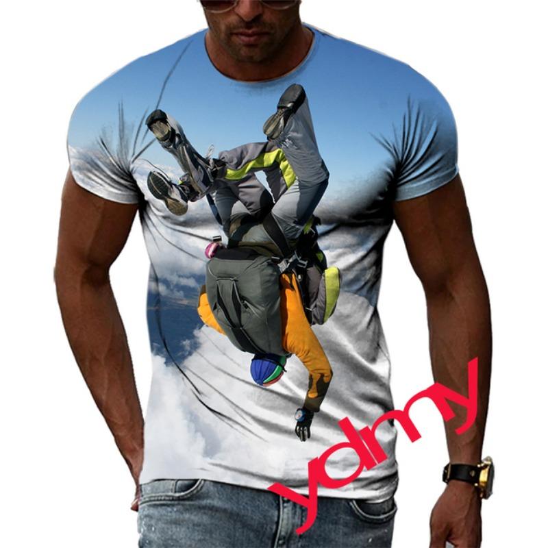 Tide Fashion Summe Parachute Picture Men's T-shirt Casual Print Tees Hip Hop Personality Round Neck Short Sleev Tops