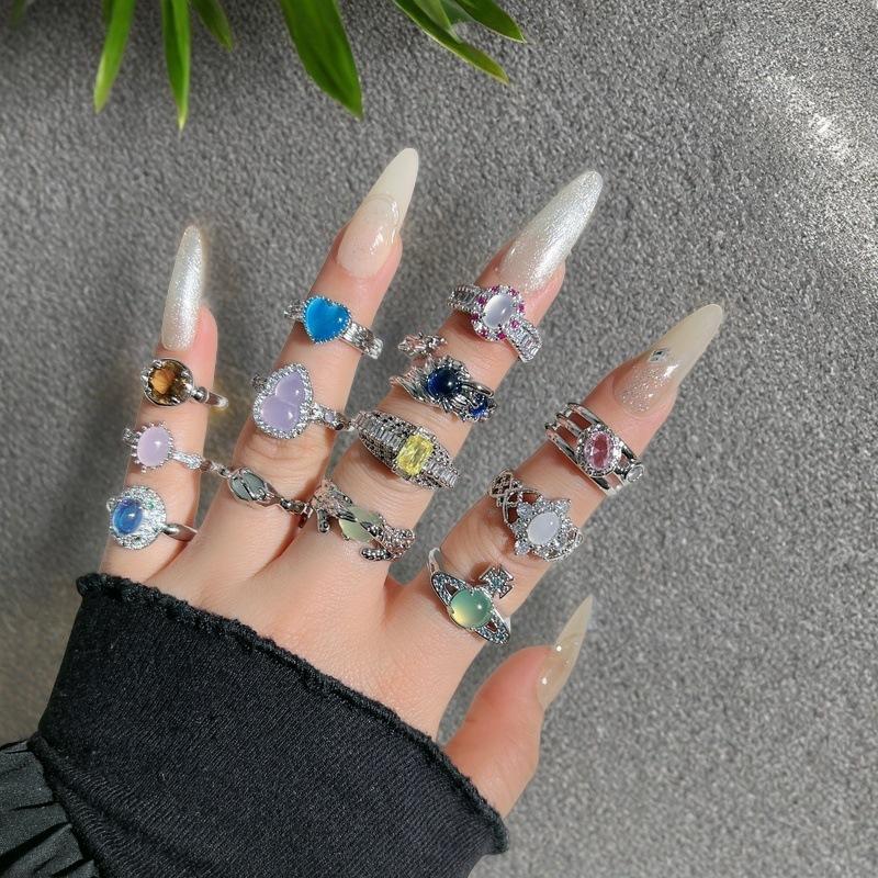 Niche Design Exquisite Imitation Chalcedony Moonstone Series Ring High-End Light Luxury Full Of Diamonds Zircon Accessories