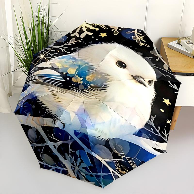 

1pc Winter Wonderland Snowflake Bird Automatic Opening Folding Umbrella, Portable 3-Fold Design with Iron Frame for Outdoor Use, Festive Gift for