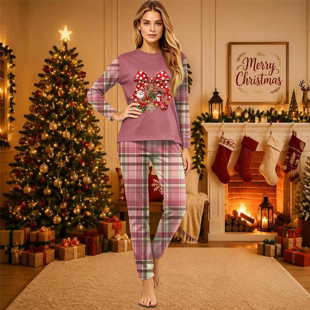 Christmas-print long-sleeve and long-pant matching family loungewear set